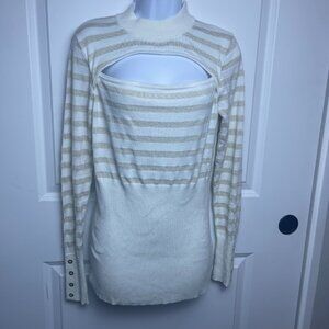 Guess Keyhole Knit Sweater w/ Long Sleeves in White/Gold Stripes SZ-LG